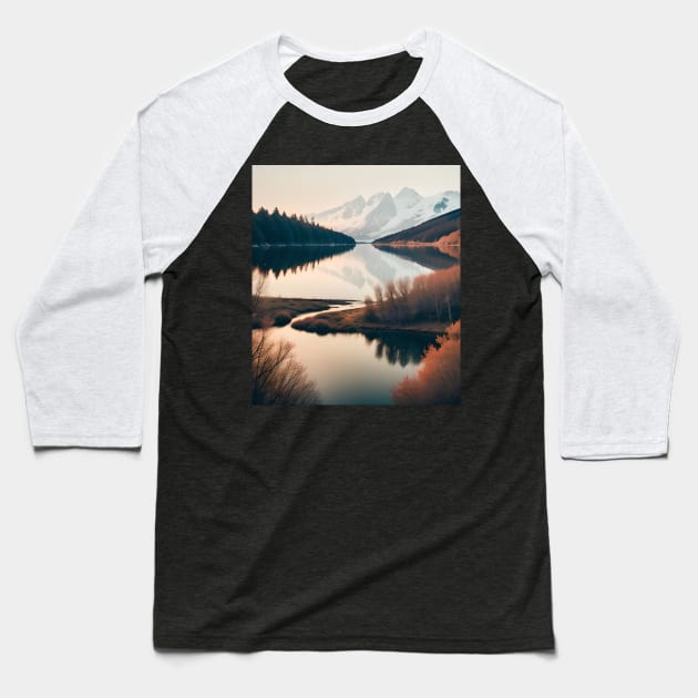 Nature Scandinavian Art Snowy Mountain Burgundy Autumn Lake Baseball T-Shirt by Tina